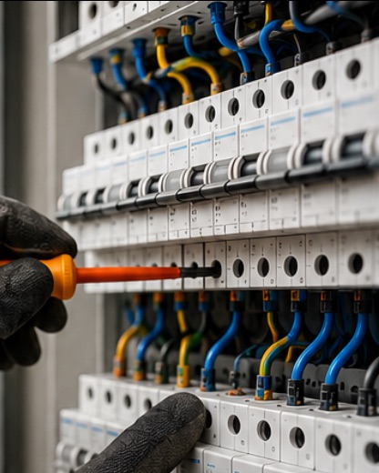 Électricien travaillant sur un tableau électrique